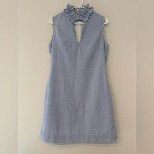 White and Blue Ruffle Collar Seersucker Dress